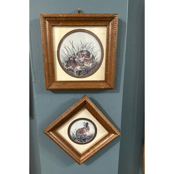Vintage Pair Of Kay Shannon Bunny Rabbit Litho Pictures Wall Hangings Wood Frame - Picture 2 of 10